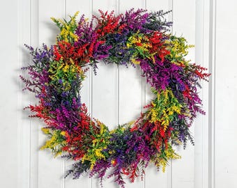 Colorful summer flower wreath for front door, Spring lavender wreath, Multicolor floral door hanger, Summer patio decor, Gift for her