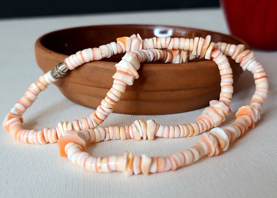 Puka Shell Beaded Hawaiian Necklace, Puka Heishi Beads Boho Beach ...