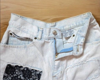 90s High Waisted Acid Wash Jeans with Black Lace Patchwork