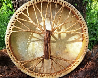 Handcrafted Shamanic Drum: Buffalo Rawhide, Deer Horn, Tree Of Life