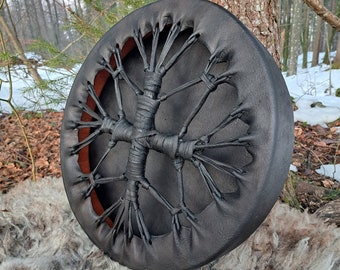 Tambour chamanique artisanal de 48 cm, cuir brut de buffle noir