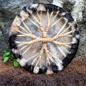 HandCrafted 44cm black and white hairy shamanic drum, Goat rawhide & Drum Stick
