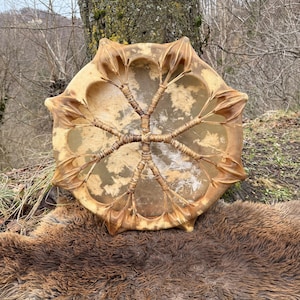 May include: A round, handcrafted drum with a light brown, textured surface. The drum features a central design with radiating spokes and a decorative edge. The drum is resting on a brown, furry surface, with a tree trunk in the background.