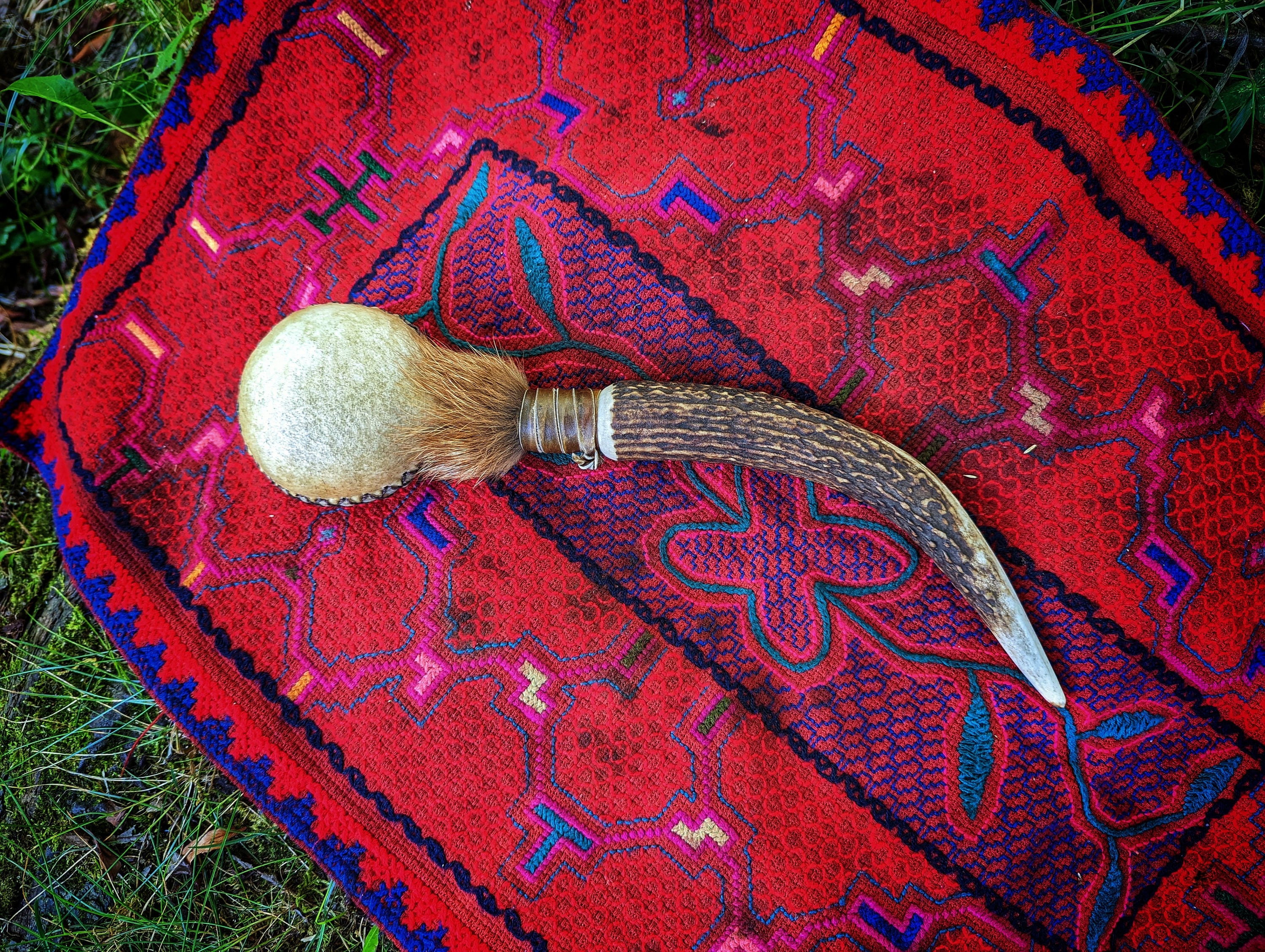 HandCrafted Shamanic rattle on a deer horn