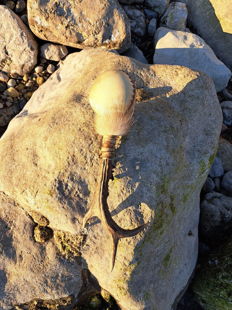 Handcrafted Shamanic Rattle on Roe Deer Horn Decorated With Badger Fur ...