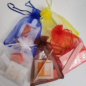 May include: Five small, colorful mesh bags filled with nail care items. The bags are blue, yellow, red, white, and brown. Each bag contains a nail file, buffer, and other manicure tools. The bags are tied with matching ribbons.