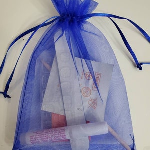 May include: A blue mesh drawstring bag containing nail supplies. The bag is filled with various items, including nail glue, nail stickers, and a nail file. The bag is tied at the top with a matching blue ribbon.