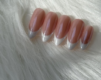 French tips with pearl chrome/Press On Nails/Handmade Press On/Wedding Nails/ Gift For Her