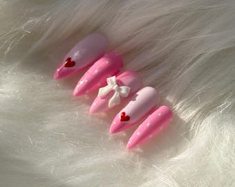 Pink love/Valentine nails / Press on nails/Handmade Press On/Gift For Her/Custom Press On/ Medium Almond Nails