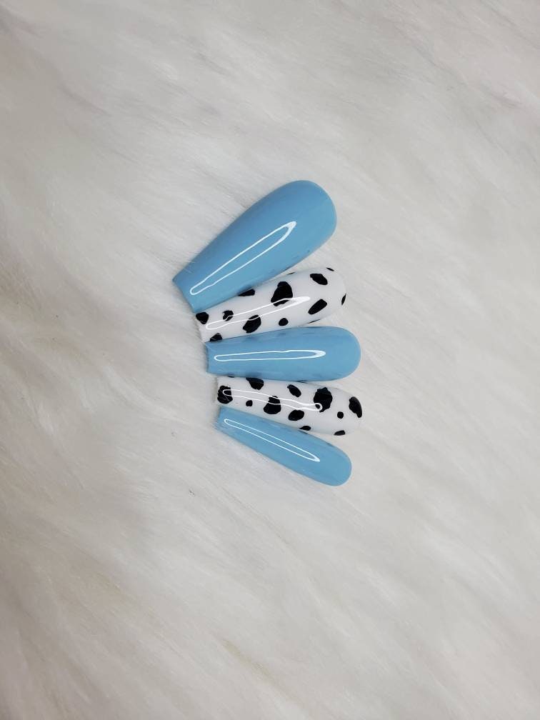 Blue cow print nails/ Press on nails | Etsy