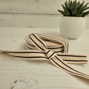 Premium Quality Natural Ivory & Black Striped Double Sided Woven Cotton Ribbon. WIDTH 20mm ( Sold By Metre)