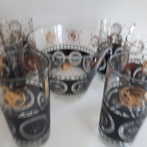 MCM 6 Vintage Libbey Black Textured Gold Coin Design High Ball Glasses & Ice Bucket