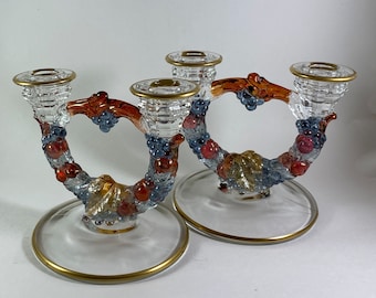 Vintage Pressed Garland flashed Purple grapes Double Candle Stick Holder