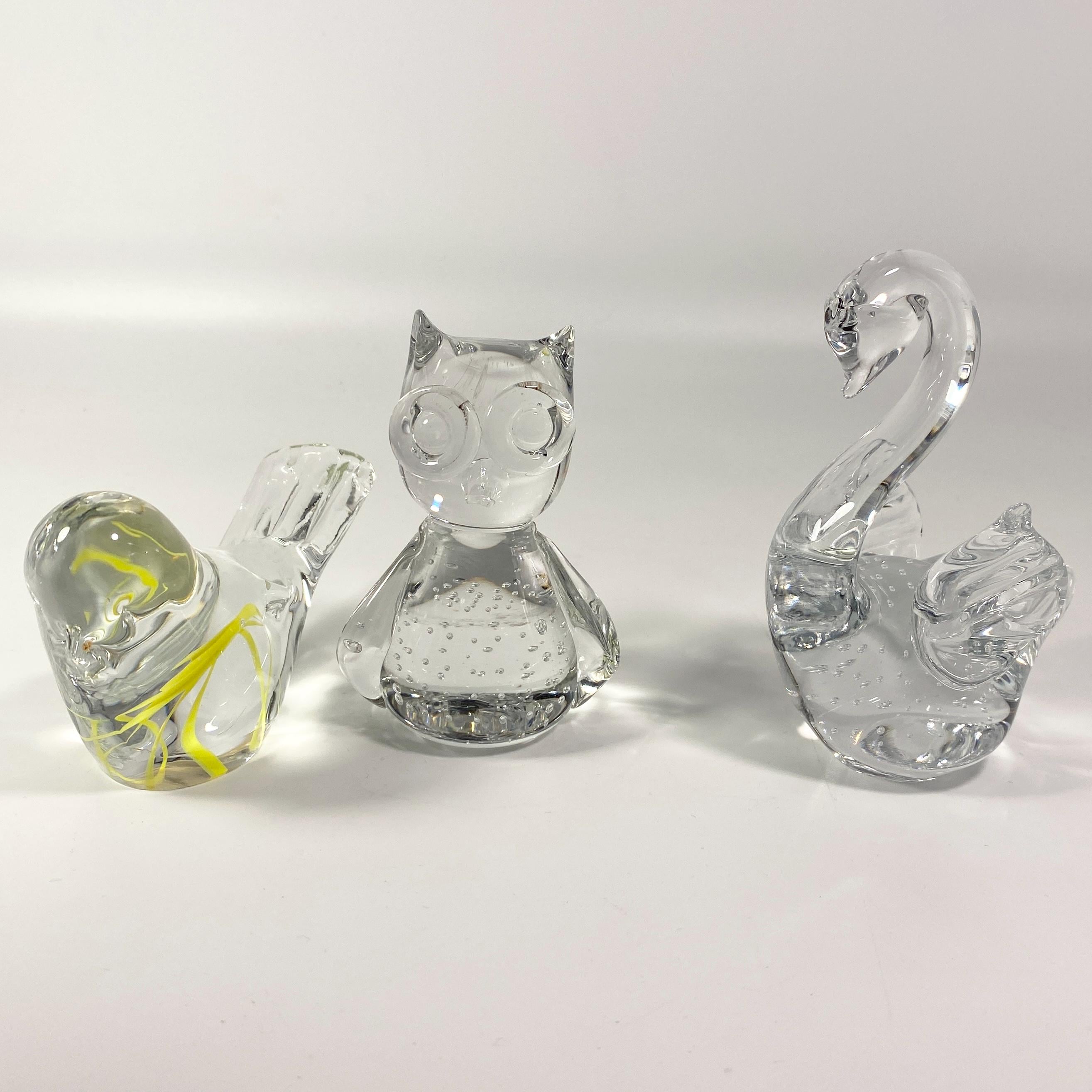 Vintage set of 3 Large glass owl, swan & Bird paperweight, figurines