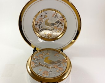 Set of Japanese Chokin bird Plate With 24k Gold Trim 7.75" and matching trinket