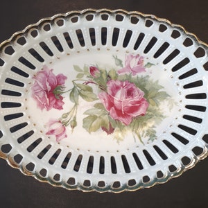 Vintage Porcelain candy dish Pink Roses with lattice design