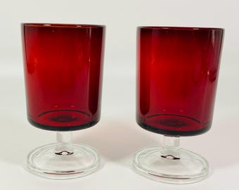 Set of 2 Acoroc France ruby red Wine Beverage Cavalier pedestal glasses 4 inches
