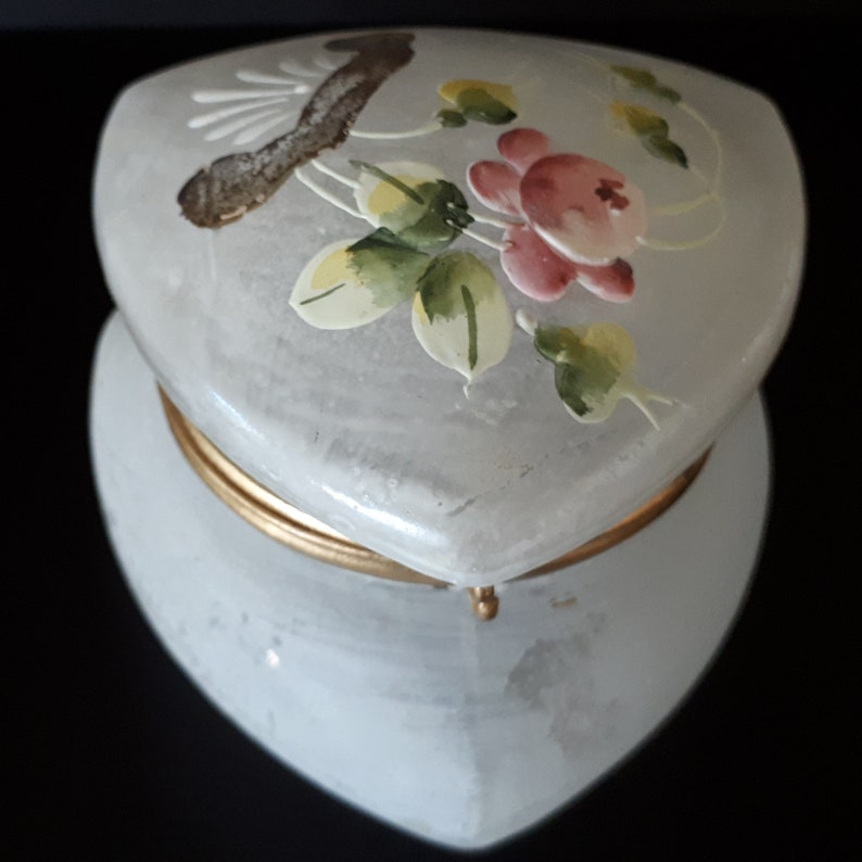 Genuine Vintage hand painted floral Hinged Trinket Box jewelry Box .