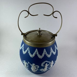 Antique Stunning wedgwood Cobalt Blue Jasperware Silver plated Biscuit barrel