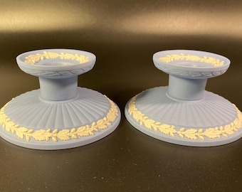 RARE  !! Pair of Wedgwood Pale Blue Jasperware Candlesticks Candle Holders