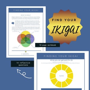 May include: A workbook titled "Finding Your Ikigai" with a yellow circle divided into sections for skills, passions, what you love, and what the world needs. The workbook includes a 10-page workbook and 14 reflective questions.