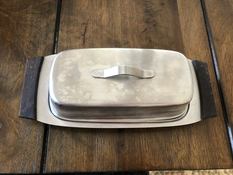 Vintage Silver Tone Metal Butter Dish tray With Lid Wood Handles 2 pieces