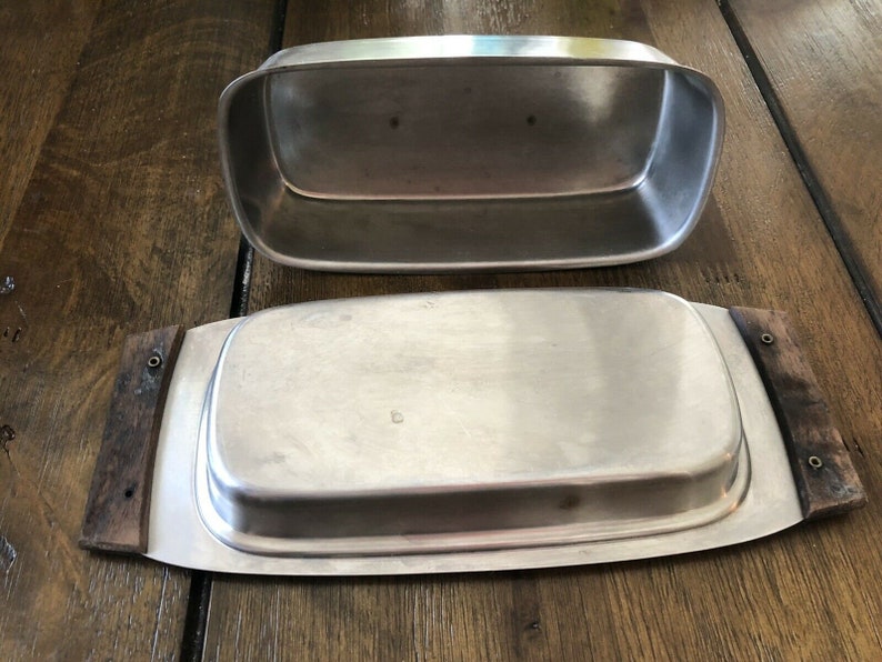 Vintage Silver Tone Metal Butter Dish tray With Lid Wood Handles 2 pieces