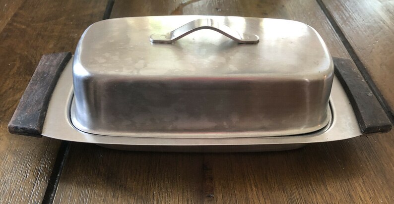Vintage Silver Tone Metal Butter Dish tray With Lid Wood Handles 2 pieces