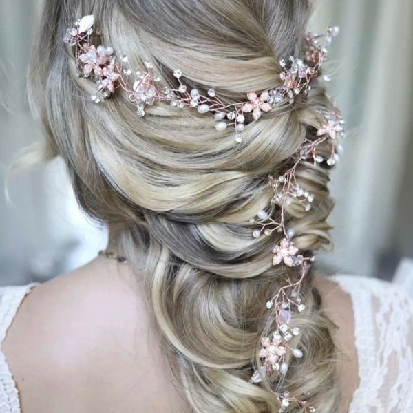 Bridal Bridesmaid Hair Vine Wedding Crystal Pearl Floral Bohemian boho Hair Accessory 70cm