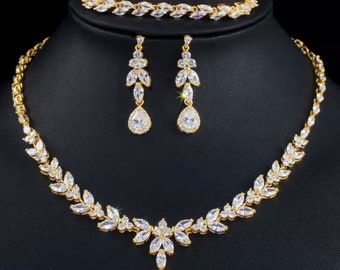 Bridal Crystal Necklace Jewellery set Gold colour, wedding jewellery, CZ crystal set