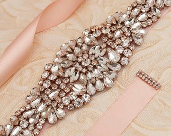 Bridal wedding belt rose gold blush pink ribbon, bridesmaids crystal rhinestone belt