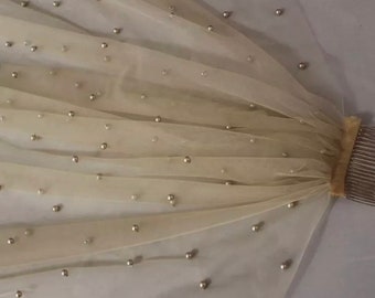 Bridal pearl veil champagne, wedding veil,  UK veil, veil with comb, raw cut edge veil, soft tulle