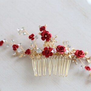 Bridesmaids Hair comb Red Gold floral hairpiece, flower rose hair comb, bridal wedding hair , party hair accessory comb image 3