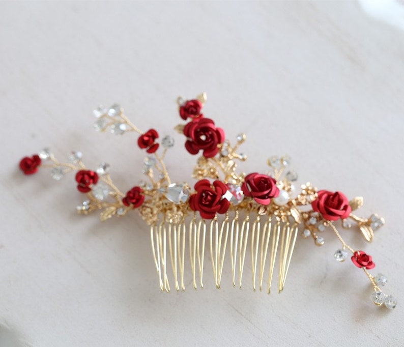 Bridesmaids Hair comb Red Gold floral hairpiece, flower rose hair comb, bridal wedding hair , party hair accessory comb image 3