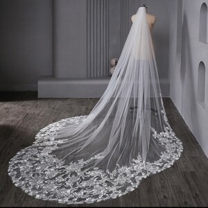 Bridal lace Veil scalloped edge Cathedral Floral Lace  with comb, wedding veil with sequins