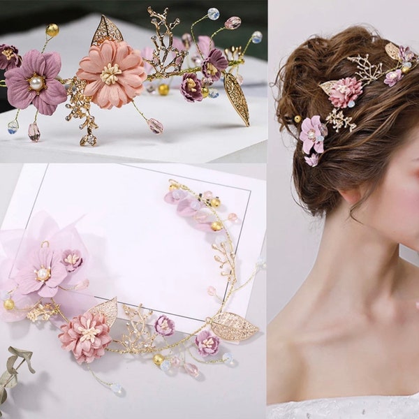 Bridesmaid Wedding bridal Antique purple and gold handmade Hair Vine Boho Bride Floral headband tiara vine