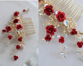 Bridesmaids Hair comb Red Gold floral hairpiece, flower rose hair comb, bridal wedding hair , party hair accessory comb