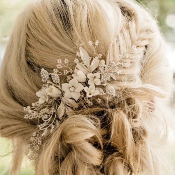 Bridal hair wedding Floral Hair Comb, silver gold rose gold hair accessory, bridesmaids hair