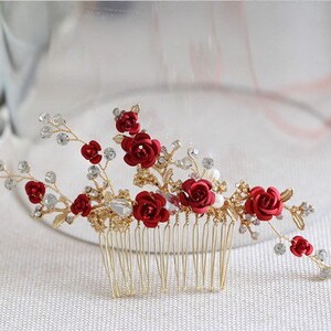 Bridesmaids Hair comb Red Gold floral hairpiece, flower rose hair comb, bridal wedding hair , party hair accessory comb image 2