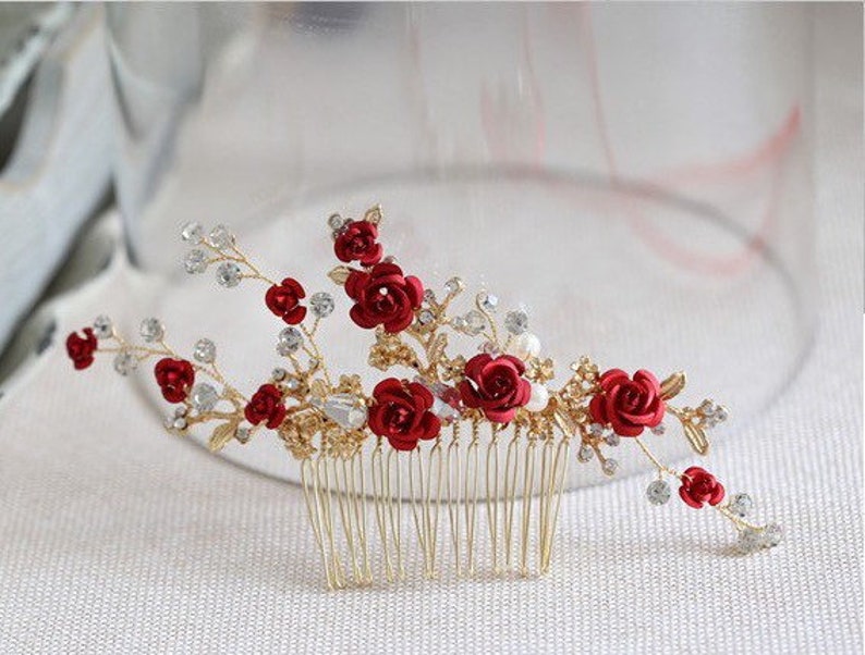 Bridesmaids Hair comb Red Gold floral hairpiece, flower rose hair comb, bridal wedding hair , party hair accessory comb image 2