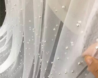 Bridal Wedding Pearl Veil with comb, soft tulle raw cut edge veil 1T