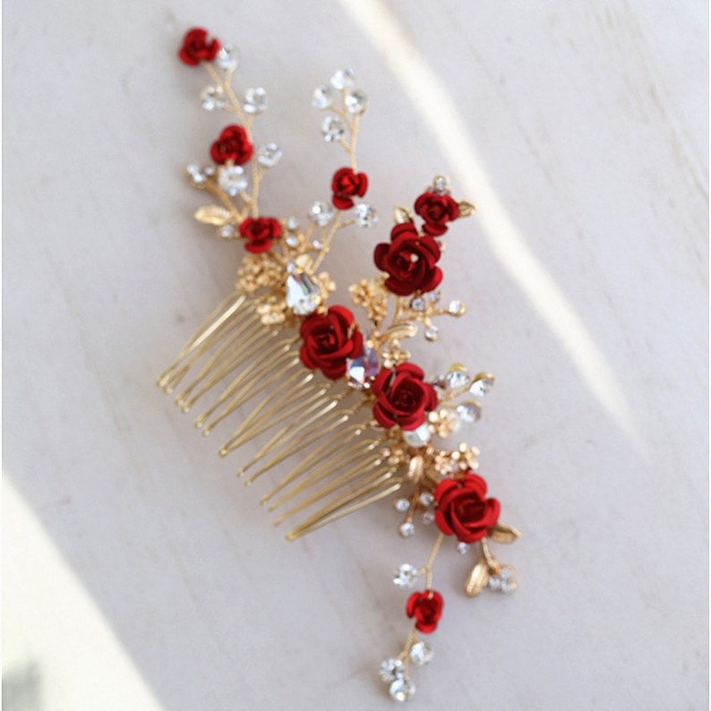 Bridesmaids Hair comb Red Gold floral hairpiece, flower rose hair comb, bridal wedding hair , party hair accessory comb image 5