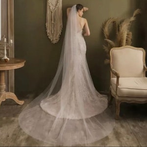 Wedding Bridal Veil Raw cut edge soft tulle veil with comb ivory white Cathedral length 1T