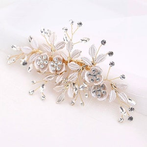 Bridal Bridesmaids Wedding Hair Accessory Crystal Floral Leaf Hair Clip Champagne Gold Silver