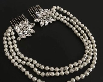 Pearl rhinestone hair slide, bridesmaid bridal wedding hair jewellery accessory chain hair jewellery