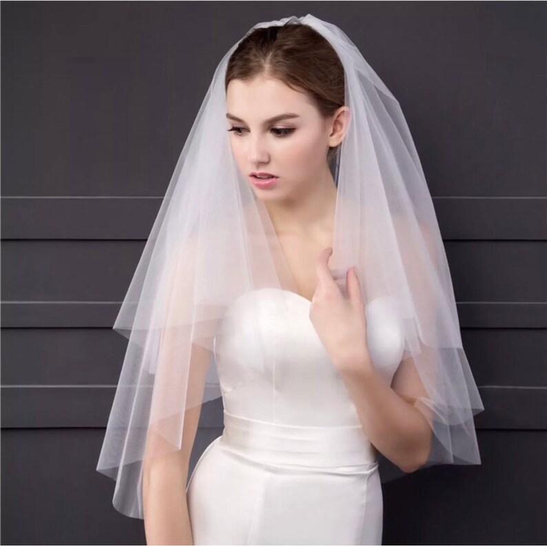 Wedding Bridal Veil Raw cut edge soft tulle veil with comb ivory white Elbow Length 2T