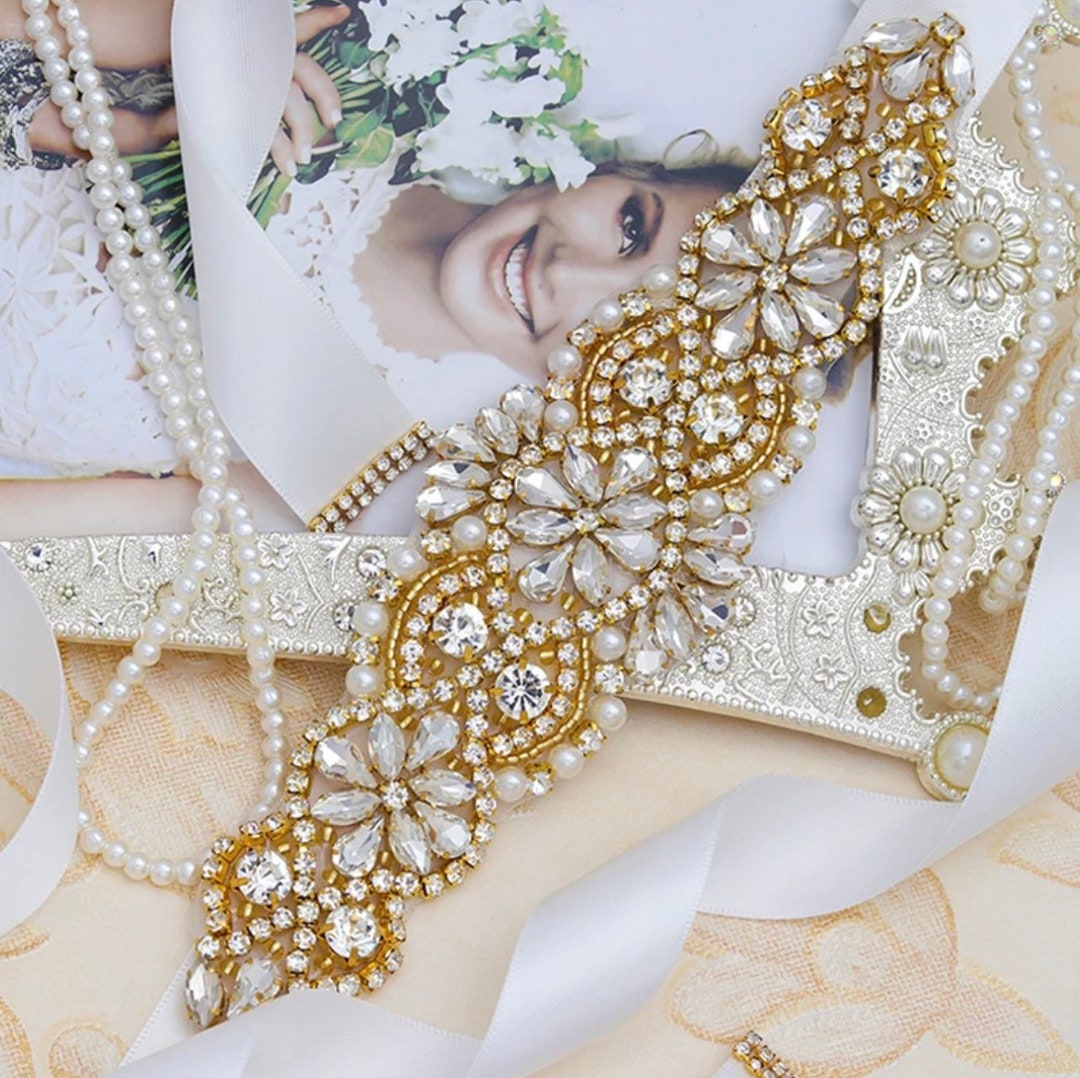 Bridal Wedding Dress Gold Belt Crystal Pearl Belt Sash Bridesmaids Belt Ribbon Etsy