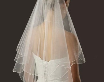 Bridal Wedding Scalloped Pencil Edge 2T Beaded White Ivory champagne Elbow Veil soft Tulle