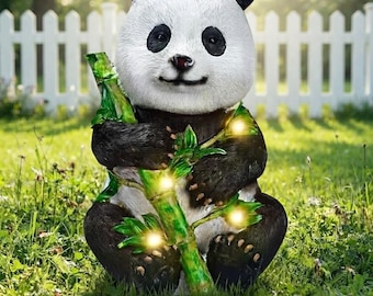 Solar Powered Panda Garden Statue, Bamboo Figurine, Resin Outdoor Decor