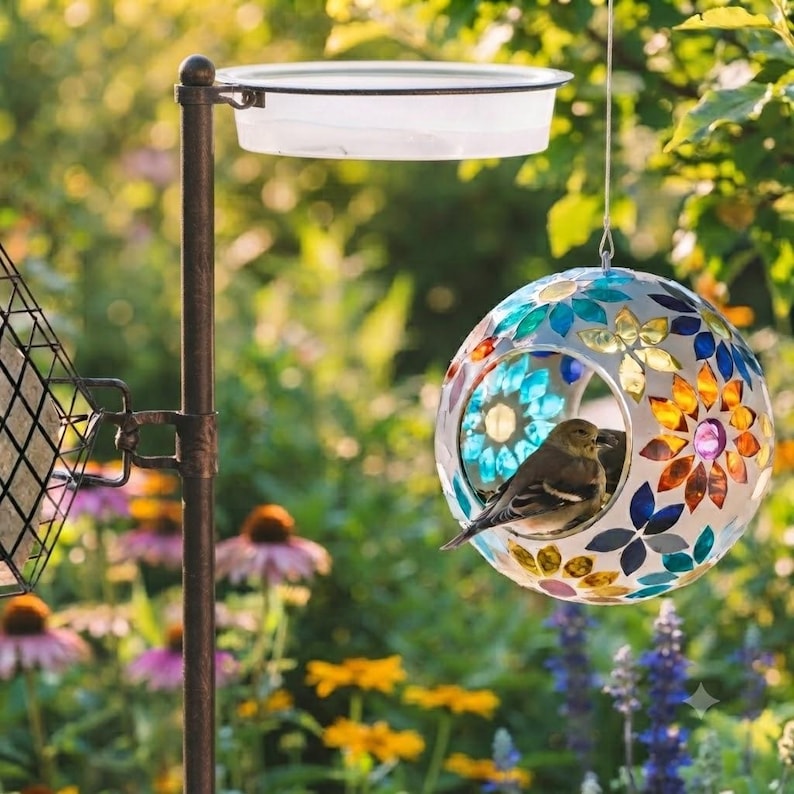 May include: A spherical bird feeder featuring a mosaic pattern of colorful translucent glass petals in shades of blue, yellow, and orange. The feeder hangs from a metal pole stand that includes a clear circular tray at the top for water.